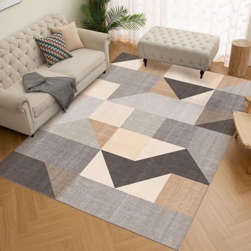 HOMFINE Area Rug for Living Room - Square Modern Cubic Washable Area Rugs Abstract Soft Faux Short Pile Carpet for Bedroom Dining Room Kitchen Non Slip Non Shedding Rug, 120x170CM, Grey Brown