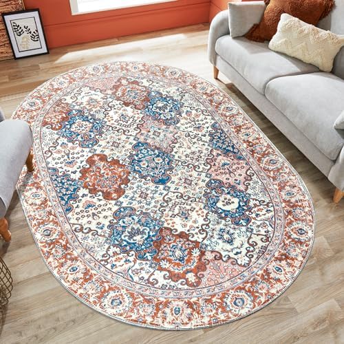 AGELMAT Boho Rug 4'x6', Soft Large Tribal Area Rug Non-Slip Oval Persian Distressed Oriental Bedroom Rug, Non-Shedding Print Washable Throw Carpet for Living Room Home