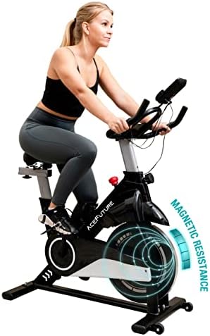 Acefuture Magnetic Resistance Exercise Bike for Home Use Stationary Bikes with 13.6kg Flywheel, Indoor Cycling Workout Bike with Hand Pulse, Fitness Tracker and Tablet/Water Bottle Holder, Black