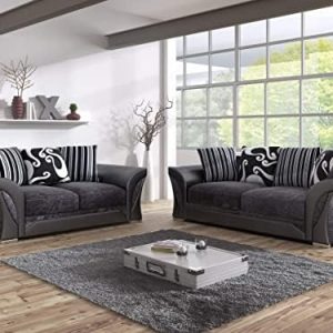 Amazing Sofas 3+2 SHANNON FARROW LARGE SOFA CHENILLE FABRIC GREY BLACK/BROWN BEIGE (GREY BLACK). Fire resistant as per British Standards, foam filled seats for comfort.