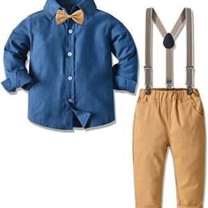 Angelwilla Baby Boy Outfits Set, 4pcs Toddler Dress Suit Baby Boys Clothes Sets Baby boy Clothes Gentleman Outfit Long Sleeve Shirts + Trousers + Suspenders + Bowtie