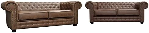 Astor Chesterfield Style Sofa Set 3+2 Seater Armchair Brown Faux Leather (3+2 Seater)