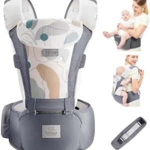 Bebear Baby Carrier Newborn to Toddler, Bebamour Baby Carrier Hipseat 0-36Months with Head Hood, 3 PCS Teething Pads, Waist Extender, Grey
