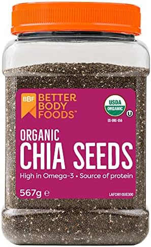 BetterBody Foods Organic Chia Seeds - Source of Omega-3, 5g of Protein, 10g of Fibre - Vegan, Keto, Gluten Free and Non-GMO Flavour Neutral Favourite - 567g