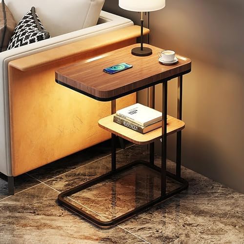 C-Shape Side Table, Narrow Sofa Table with 2 Shelves, Marble Look, Metal Frame, Small Coffee Table, Scandinavian Style Coffee Table for Living Room, Bedroom and Laptop (Brown)