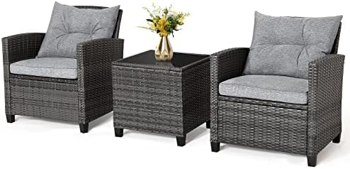 COSTWAY 3 Pieces Patio Rattan Bistro Set, Metal Frame Garden Coffee Table and Sofa Chairs Set with Cushions, Outdoor Furniture Wicker Conservatory Set for Balcony Backyard Terrace Poolside (Gray)