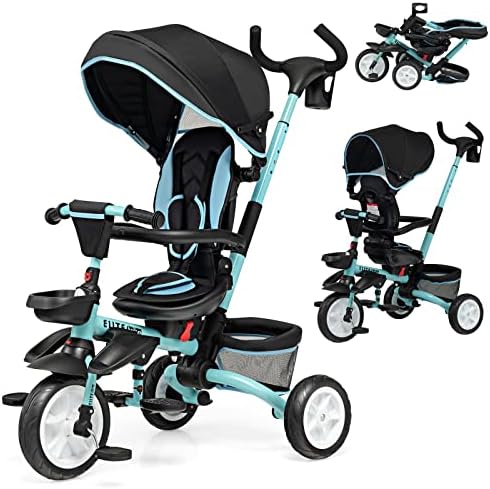 COSTWAY Folding Baby Tricycle, 6 in 1 Kids First Bike Stroller with 360° Swivel Seat, Adjustable & Removable Canopy, Parent Handle, Double Brake Push Trike for 1-5 Year Old (Blue)