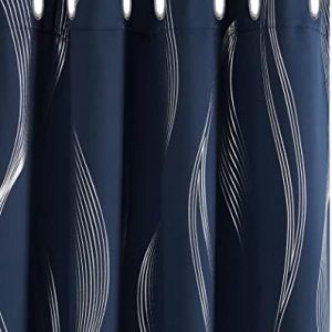 Deconovo Navy Curtains 46 x 54 Inch Bedroom Curtains Wave Line Foil Printed Blackout Curtains Thermal Insulated Energy Saving Eyelet Curtains for Living Room 46 x 54 Inch Navy Blue 1 Pair