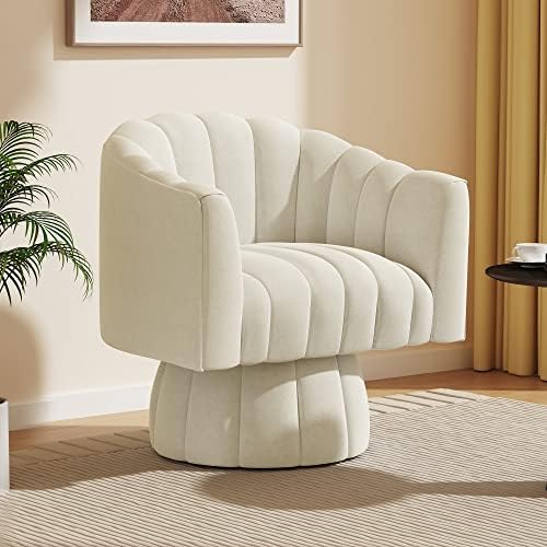 Dewhut Mid Century 360 Degree Swivel Cuddle Barrel Accent Sofa Chairs, Round Armchairs with Wide Upholstered, Fluffy Velvet Fabric Chair for Living Room, Bedroom, Office, Waiting Rooms, (Beige)