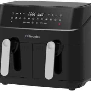 EMtronics EMDAF9LD Dual Air Fryer Extra Large Family Size Double XL 9 Litre Digital with 12 Pre-Set Menus for Oil Free & Low Fat Healthy Cooking, 60-Minute Timer - Black