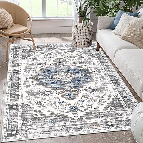 Enyhom Vintage Area Rugs for Living Room 120 x 180 cm, Soft Short Pile Washable Floor Carpet Rug Non-Slip Chic Traditional Boho Rugs For Bedroom Dining Room (Grey and Blue)