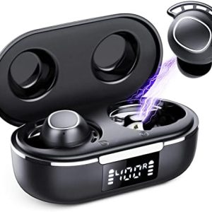 FAMOO Wireless Earbuds, Bluetooth 5.3 Headphones with Deep Bass, IPX8 Waterproof, 42H Playtime, Mini Earbuds with Dual Mic and LED Display, In Ear Earphones for Running Sport Gym Workout Black