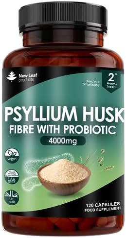 Fibre Supplement 4000mg Psyllium Husk With Probiotic Acidophilus - High Strength - Natural Soluble Fiber Supplement From Plantago Ovata Seeds, 120 Psyllium Husks capsules Vegan, Made in UK by New Leaf