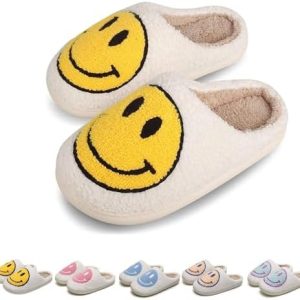 GYOSHI Girls Boys Smile Face Slippers, Toddler Girl Winter Retro Soft Plush Slippers, Big Kids House Shoes