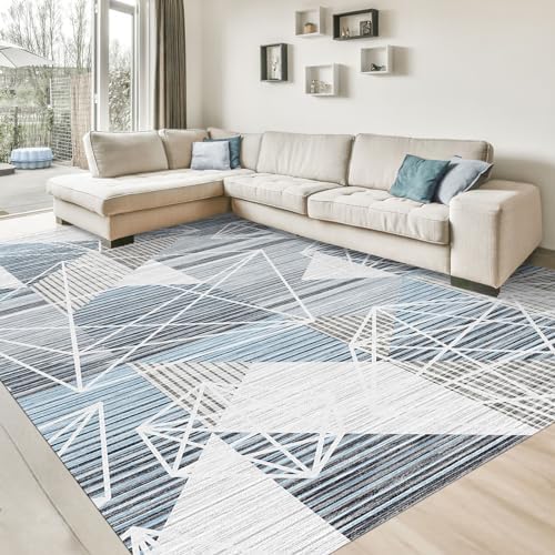 HOMFINE Area Rug for Living Room - Square Modern Cubic Washable Area Rug Abstract Soft Faux Short Pile Extra Large Area Rugs for Bedroom Dining Room Non Slip Non Shedding Rug, 160x230CM, Blue White