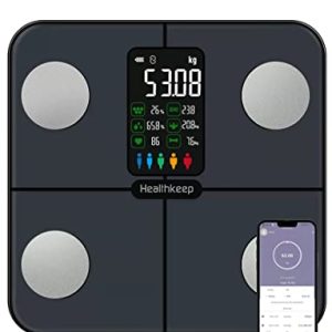 Healthkeep Body Fat Scale with Large VA Display, 15 Body Datas with Heart Rate, Smart Weight Scale Compatible with iOS & Android, Max 400lb/180kg, 28cm，Bleu