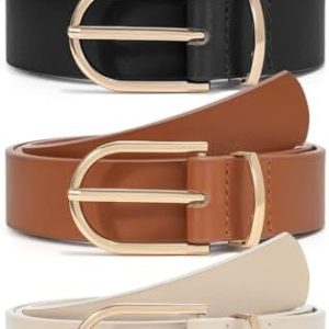 JASGOOD 2 Pack Women's Leather Belts for Jeans Fashion Ladies Belt for Dresses Gold Buckle Waist Belt