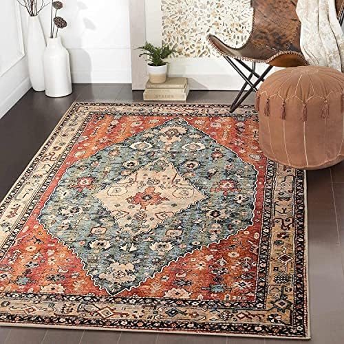 KIMODE Boho Tribal Area Rug 90 * 150cm, Distressed Entry Throw Rug Bohemian Faux Wool Indoor Accent Rugs Non-Slip Washable Low-Pile Carpet for Entrance Living Room Bedroom Dining Table