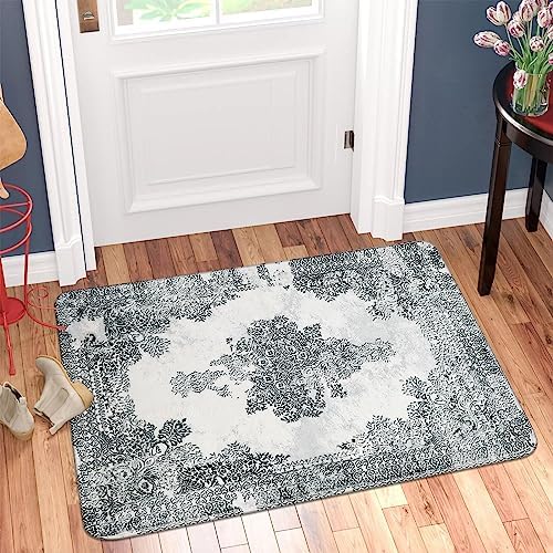 LINROMIA Small Rug 60x90cm Boho Tribal Distressed Area Rug Vintage Classic Low-Pile Floor Carpet Non-Slip Washable Faux Wool Indoor Front Entrance Kitchen Bathroom Badroom Mat Grey