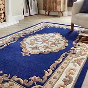 Lord of Rugs Lotus Premium Traditional Rug Aubusson Wool Heavy Thick Floral Hand Tufted Classic Rug Navy Large 150x240 cm (4'11''x7'10'')