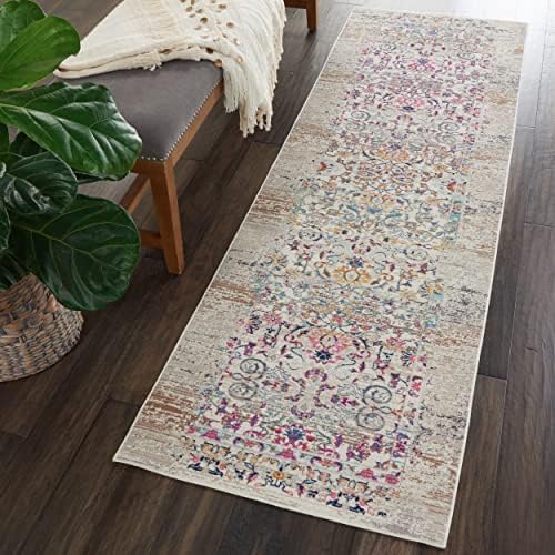 Lord of Rugs Vintage Kashan VKA02 Traditional Hall Rug for Hallway Living Room Bedroom Distressed Bordered Oriental Floral Rug Runner Ivory 61x183 cm (2'x6')