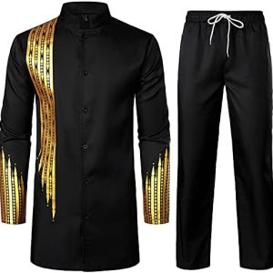 LucMatton Men's 2 Piece Outfit Long Sleeve Button up Shirt and Pants Traditional Ethnic Suit