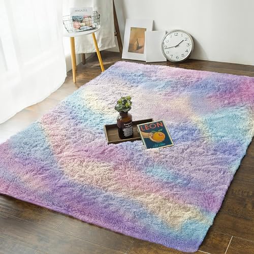 MOONLIGHT20015 Rugs Living Room 120 x 170 cm – Fluffy Shaggy Rainbow Area Rugs for Bedroom – Modern Super Soft Plush Carpet Non-Slip Non Shedding Easy To Clean Rug