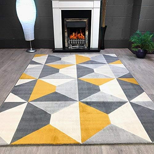 Modern Style Rugs Home Accessories in Geometric Grey, Cream, Mustard, Yellow, Navy, Duck Egg - Diamond Pattern in Soft Touch Large Living Room Rug (Yellow, 120x170cm)