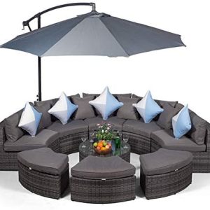 Monaco Luxury Large Grey Rattan Garden Sofa Set, 10 Piece Semi Circle Outdoor Poly Rattan Sofa Set, Fully Assembled Patio & Conservatory Wicker Garden Furniture With Parasol & Outdoor Cover