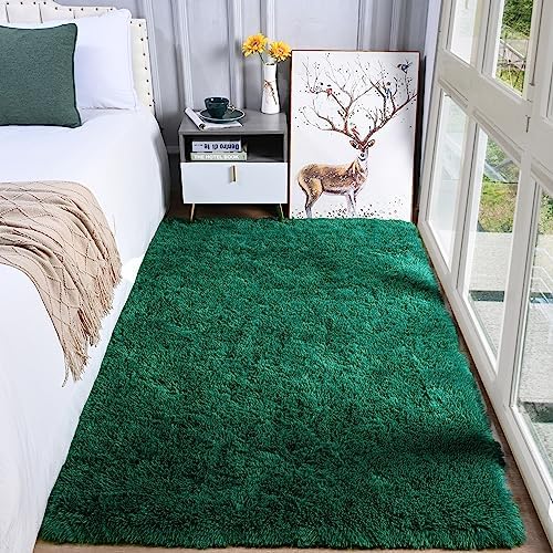 OHWPEAT Fluffy Area Rugs for Bedroom Deep-Green, 4'x6' Rug, Shag Rugs for Living Room, Furry Carpet for Kids Girl Room, Shaggy Indoor Throw Rug for Nursery Room, Fuzzy Plush Rug for Dorm