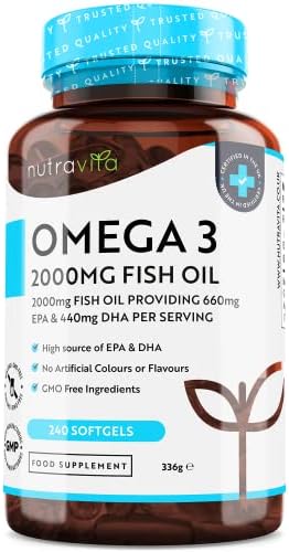 Omega 3 2000mg with 660mg EPA & 440mg DHA per Serving - 240 Softgel Capsules of Sustainably Sourced Pure Omega 3 Fish Oil - Made in The UK by Nutravita