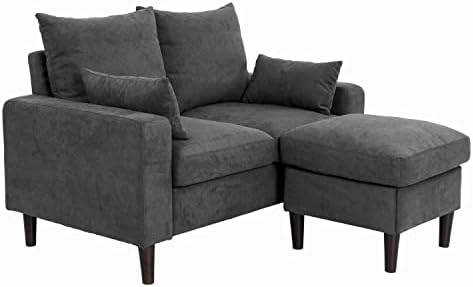 Panana 2 Seater Sofa with Footstool, Linen Fabric Love Seats Couch with 2 Free Cushions, Grey