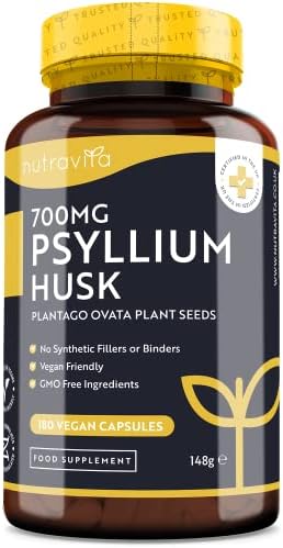 Psyllium Husks Fibre Supplement – 1400mg per Serving – Naturally High in Soluble Fibre – 180 Vegan Capsules – Supports Daily Rhythm – 100% Pure Plantago Ovata Plant Seeds – Made in The UK by Nutravita