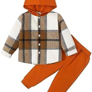 Refein Toddler Baby Boys Clothes Long Sleeve Hoodie Sweatshirt Plaid Button Down Tops Sweatpants Outfit Set