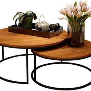 Round Nesting Coffee Table Set Modern Design End Side Table for Living Room Scandinavian Sofa Table Center Tables for Home and Office, Solid Wood Top and Metal Legs