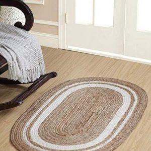 Second Nature Online KHIDAKEE Small Braided Oval Rug Jute with White Border 60 cm x 90 cm