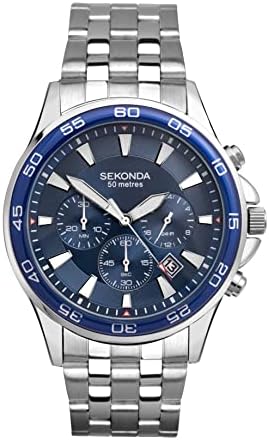 Sekonda Mens 44mm Dive Style Chronograph Quartz Watch with Stainless Steel Bracelet Date Function 50m Water Resistant