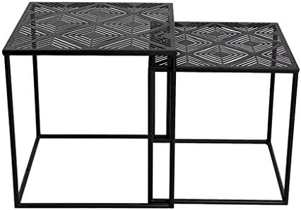 Set of 2 Square Nesting Coffee Table Sofa Side End Table Living Room Modern Scandinavian, Black Metal Hollow Design