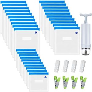 Sous Vide Bags 30 Vacuum Sealer Reusable BPA Free Food Bags 3 Sizes Vacuum Zipper Bags 4 sealing clips 4 sous vide bag clips 1 hand Pump Joule Cookers Anova Food Storage Preservation