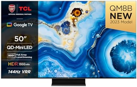 TCL 50QM8B 50-inch QLED Mini LED Smart TV, 4K HDR Premium 1300nits, Powered by Google TV (Dolby Vision & Atmos, Onkyo 2.0 sound system​, 144Hz Motion Clarity Pro, Hands-Free Voice Control)