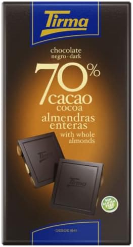 Tirma Dark Chocolate with Almonds | 70% Cocoa Chocolate with Whole Almonds | Gluten Free Chocolate | 70% Dark Chocolate | 125 g