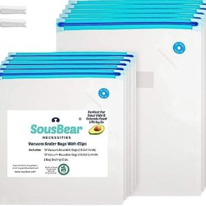 Vacuum Zipper Bags for Food - 20 Reusable Sous Vide Bags for Anova, Joule Cookers - 2 Sizes Sous Vide Bag Kit - 2 Sealing Clips for Food Storage and Sous Vide Cooking