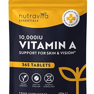 Vitamin A 10,000 IU – 365 Vitamin A Tablets (1 Year Supply) - High Strength Vitamin A Supplement for Normal Skin, Eyes & Immune System - Alternative to Vitamin A Capsules – Vegan Friendly - Nutravita