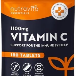 Vitamin C Tablets 1100mg – 180 Premium Vegan and Vegetarian Tablets – 3 Month Supply - High Strength Ascorbic Acid - Vitamin C for The Immune System - Letterbox Friendly - Made in The UK by Nutravita