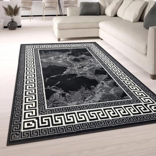 Viva Rugs Modern Rug Marble Distressed Greek Border Design Soft Mottled Carpet Mat for Living Room Bedroom (Black, 120x170cm (4'x5'6''))