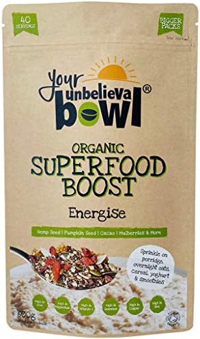 Your UnbelievaBowl - Organic Superfood Boost (Energise) 600g, 40 Servings, 45p Per Serving, Gluten Free, Chia Seed, Hemp Seed, Pumpkin Seed, Cacao, Mulberry, Goji, Flaxseed, Almonds