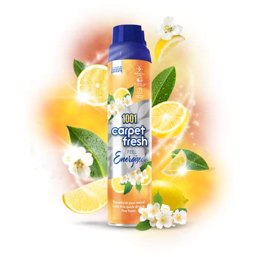 1001 Carpet Fresh Feel Energized 300ml Can - Invigorating Lemon Scent for Long-Lasting Freshness and Stress-Reducing Odor Elimination, Quick Drying, No Need to Hoover