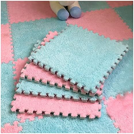 12 X 12 Inch Interlocking Carpet Tiles,10 Pieces EVA Foam Mats, Soft Fluffy Plush Area Rugs Floor Tiles, Puzzle Play Mat for Living Room Bedroom,Blue+Pink