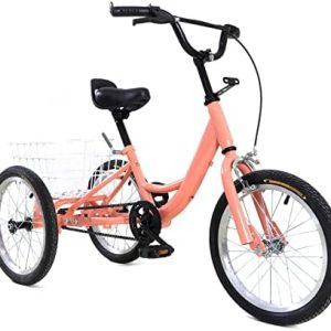 16 inch light orange tricycle for children, 3-wheel bicycle trike with shopping basket for storing items when shopping and sports