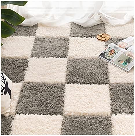 16Pcs Interlocking Foam Carpet,Shaggy Soft Foam Play Mat,Fluffy Area Rugs,Square Plush Puzzle Floor Tiles,Crawling Mats for Living Room Bedroom,12X12inch,Beige+Grey